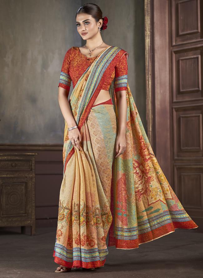 Silk Orange Traditional Wear Printed Saree